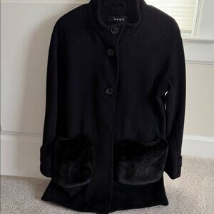 DKNY Women's Black Pea Coat with Faux Fur Accents